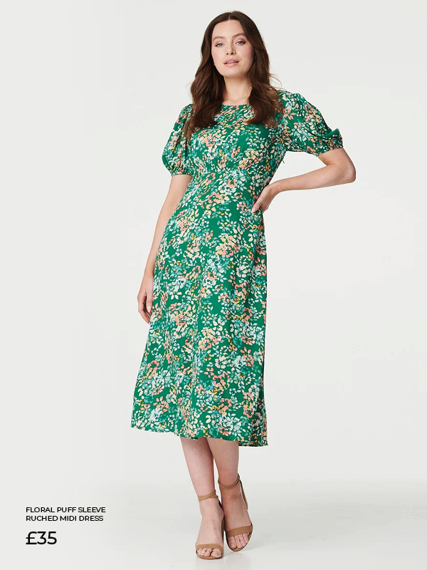 Floral Puff Sleeve Ruched Midi Dress | Shop Now