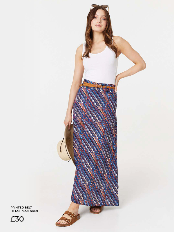 Printed Belt Detail Maxi Skirt | Shop Now