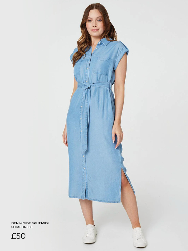 Denim Side Split Midi Shirt Dress | Shop Now