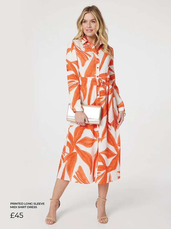 Printed Long Sleeve Midi Shirt Dress | Shop Now