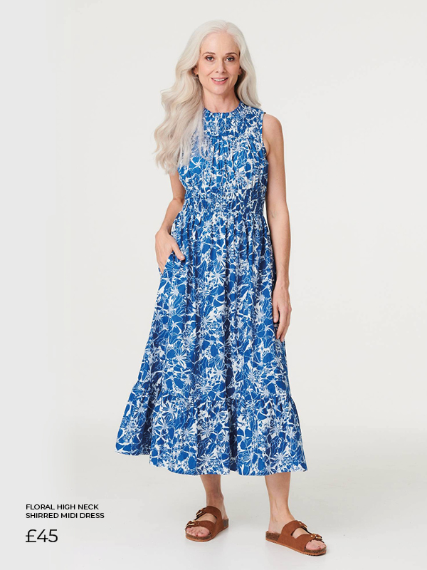  Floral High Neck Shirred Midi Dress | Shop Now