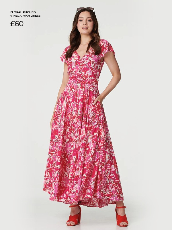 Floral Ruched V-Neck Maxi Dress | Shop Now