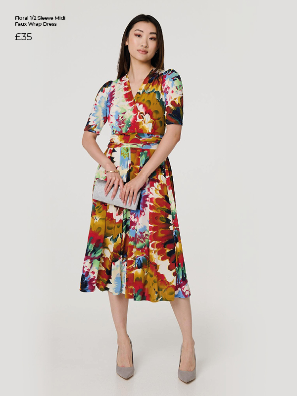 Floral 1/2 Sleeve Midi Faux Wrap Dress | Shop Now