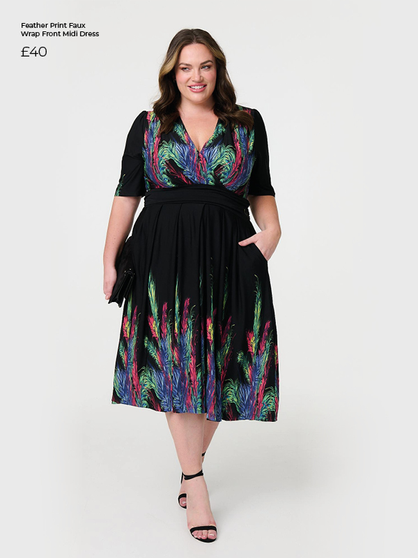 Feather Print Faux Wrap Front Midi Dress | Shop Now