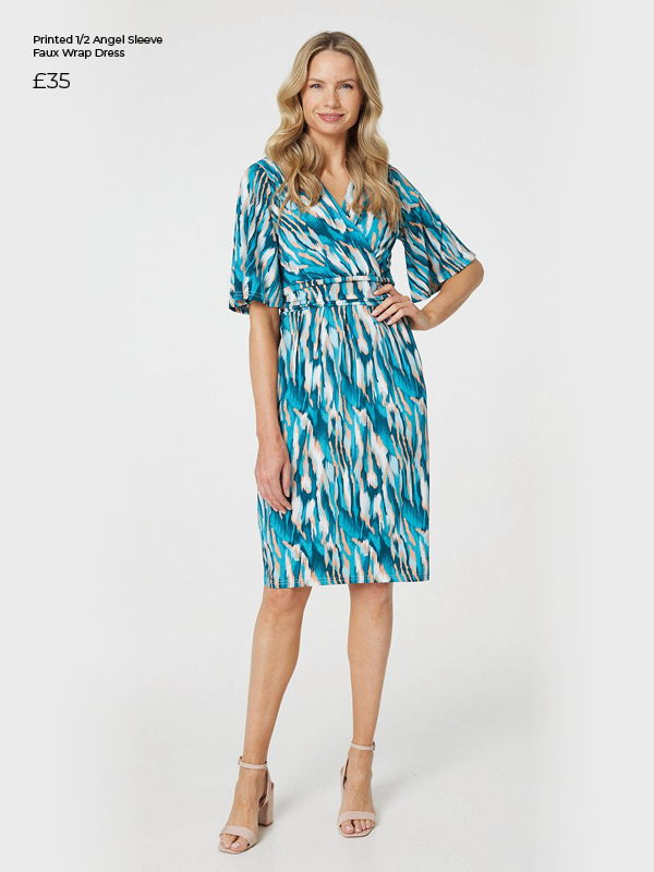 Printed 1/2 Angel Sleeve Faux Wrap Dress | Shop Now