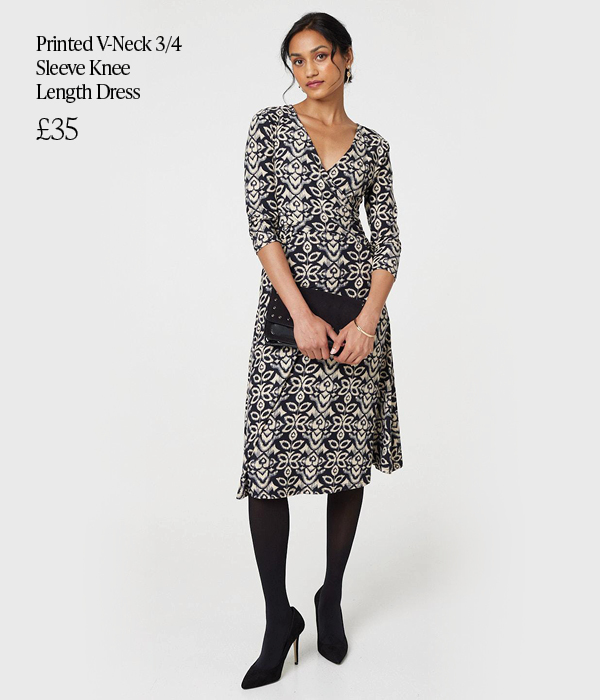 Printed V-Neck 3/4 Sleeve Knee Length Dress | Shop Now