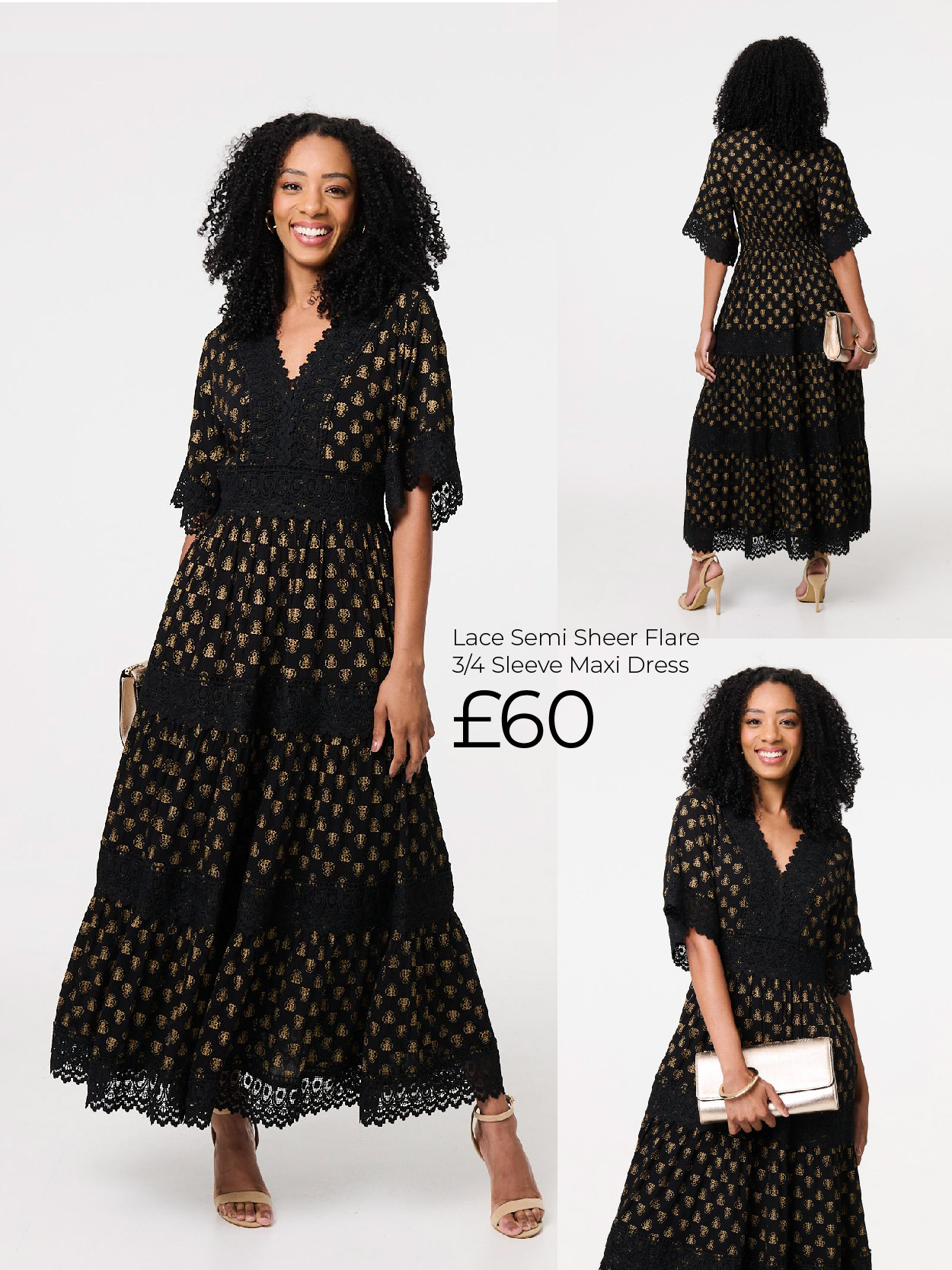 Lace Semi Sheer Flare 3/4 Sleeve Maxi Dress | Shop Now