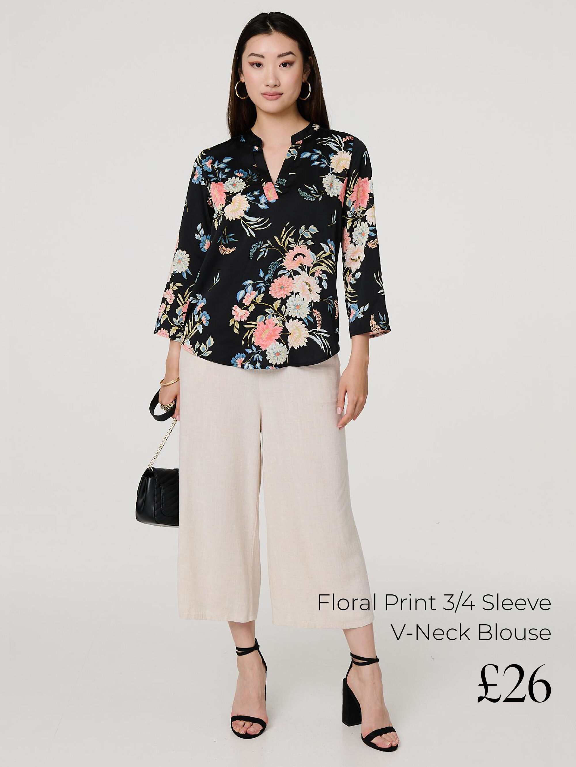 Floral Print 3/4 Sleeve V-Neck Blouse | Shop Now