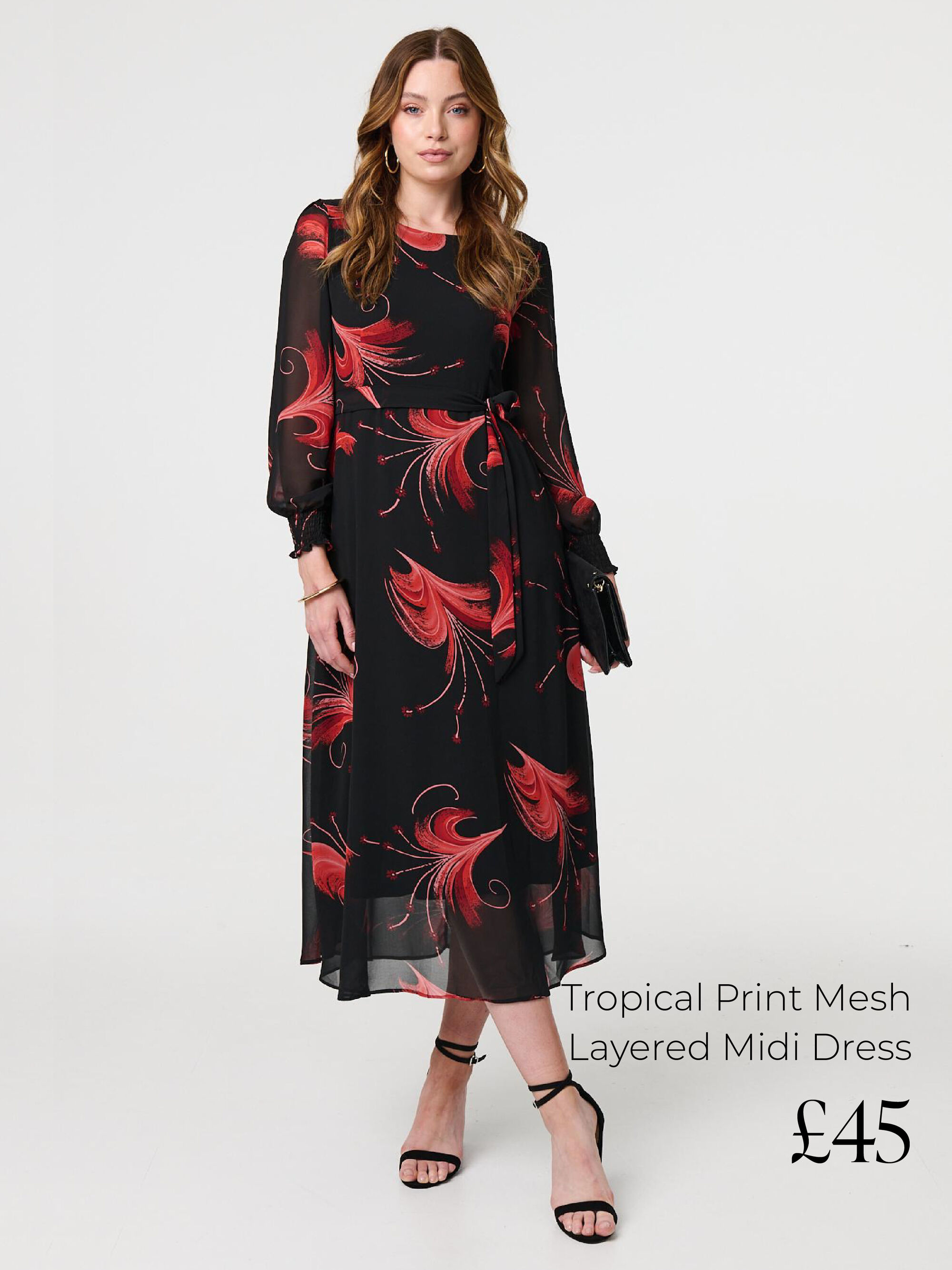 Tropical Print Mesh Layered Midi Dress | Shop Now