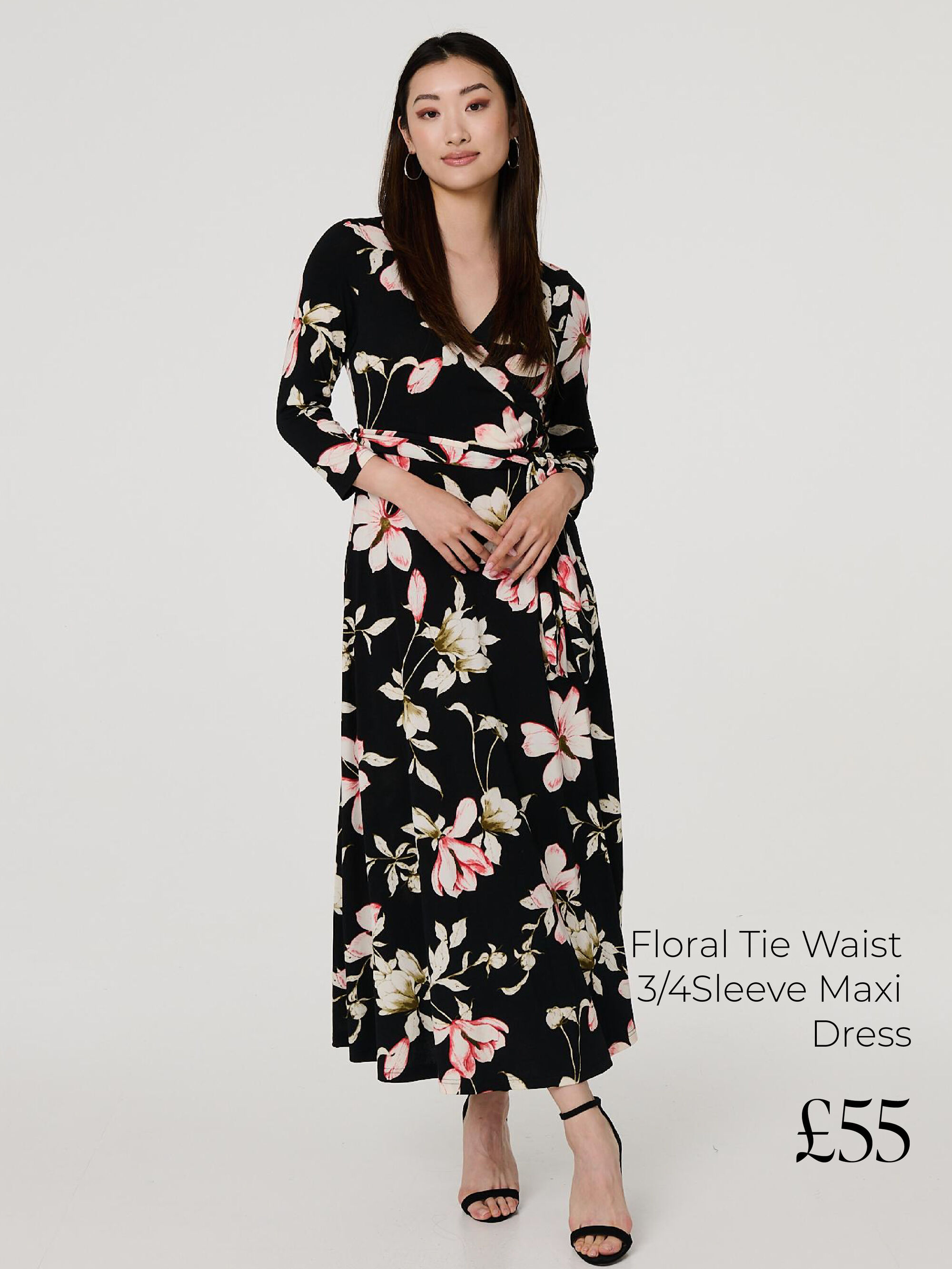 Floral Tie Waist 3/4 Sleeve Maxi Dress | Shop Now