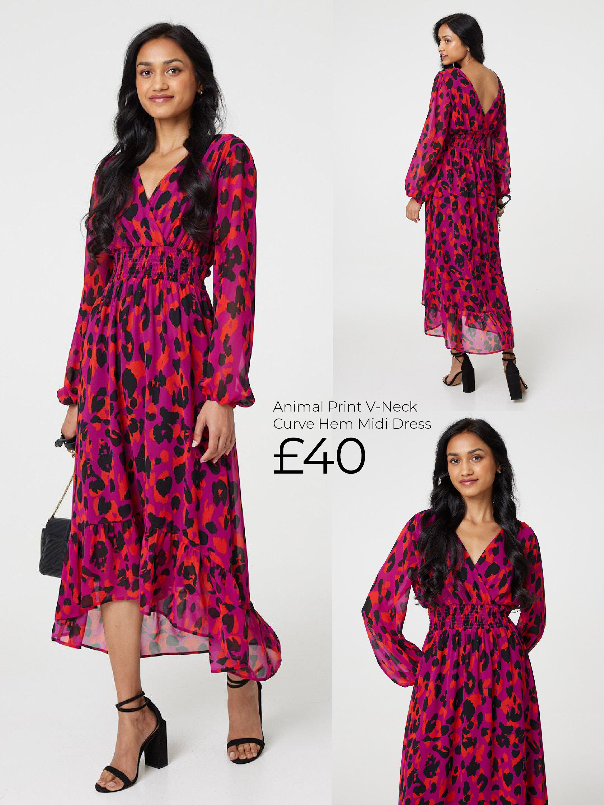 Animal Print V-Neck Curve Hem Midi | Shop Now