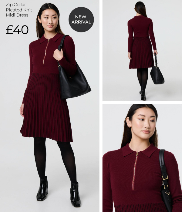 Zip Collar Pleated Knit Midi Dress | Shop Now