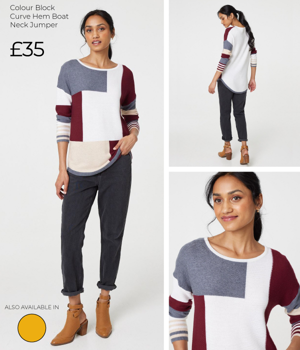 Colour Block Curve Hem Boat Neck Jumper | Shop Now