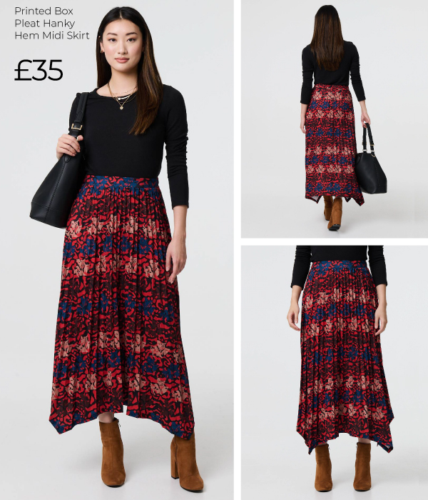 Printed Box Pleat Hanky Hem Midi Skirt | Shop Now