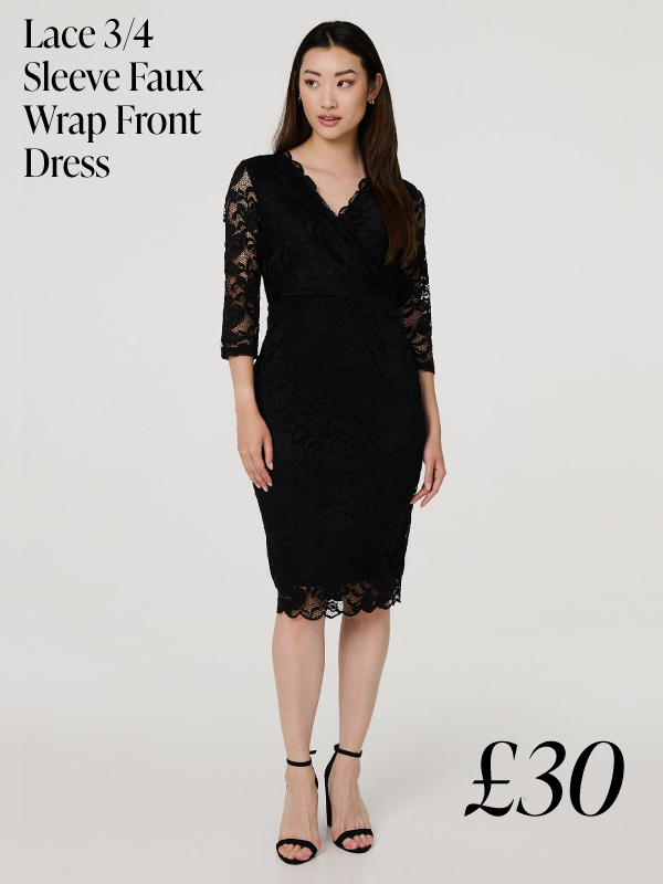 Lace 3/4 Sleeve Faux Wrap Front Dress | Shop Now