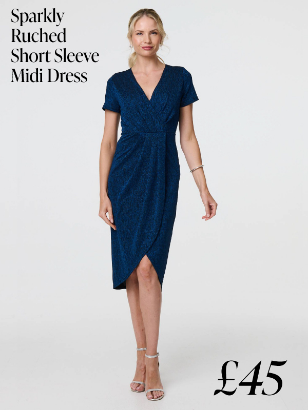 Sparkly Ruched Short Sleeve Midi Dress | Shop Now