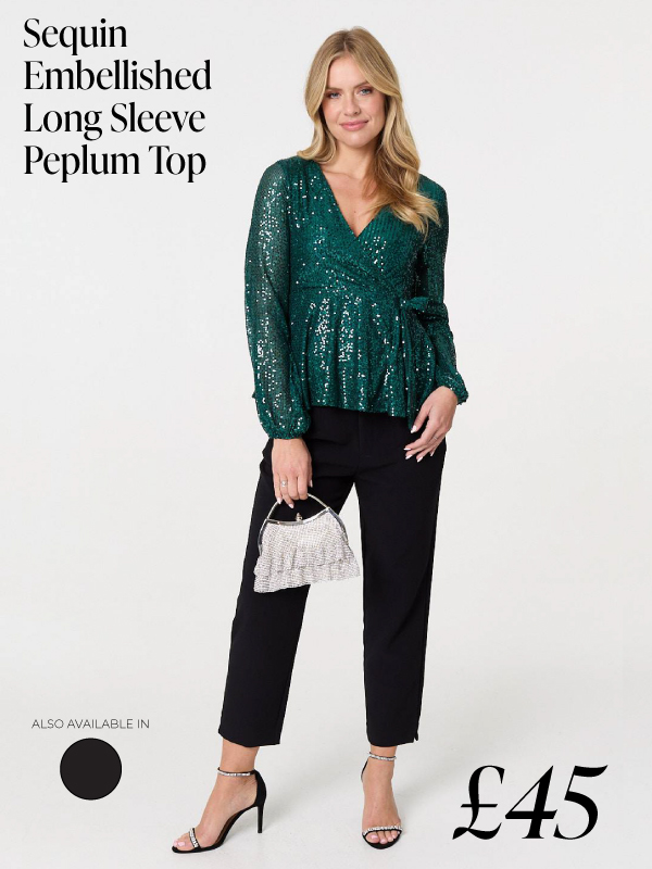 Sequin Embellished Long Sleeve Peplum Top | Shop Now