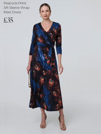 Peacock Print 3/4 Sleeve Wrap Maxi Dress | Shop Now