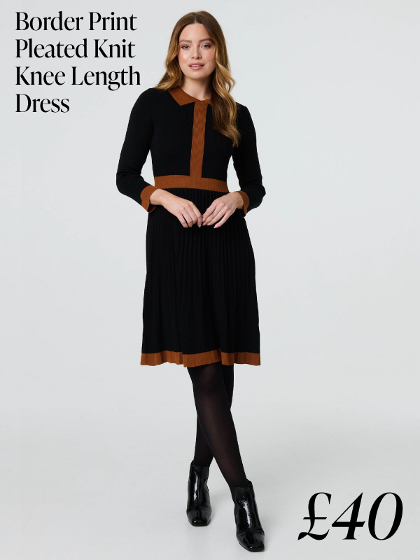 Border Print Pleated Knit Knee Length Dress | Shop Now