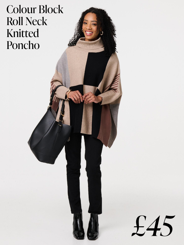 Colour Block Roll Neck Knitted Poncho | Shop Now