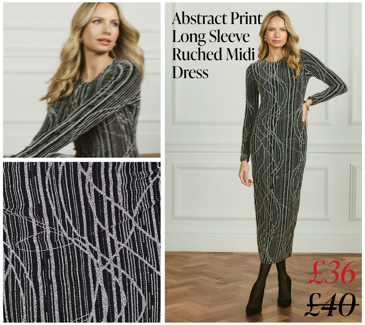 Abstract Print Long Sleeve Ruched Midi Dress | Shop Now