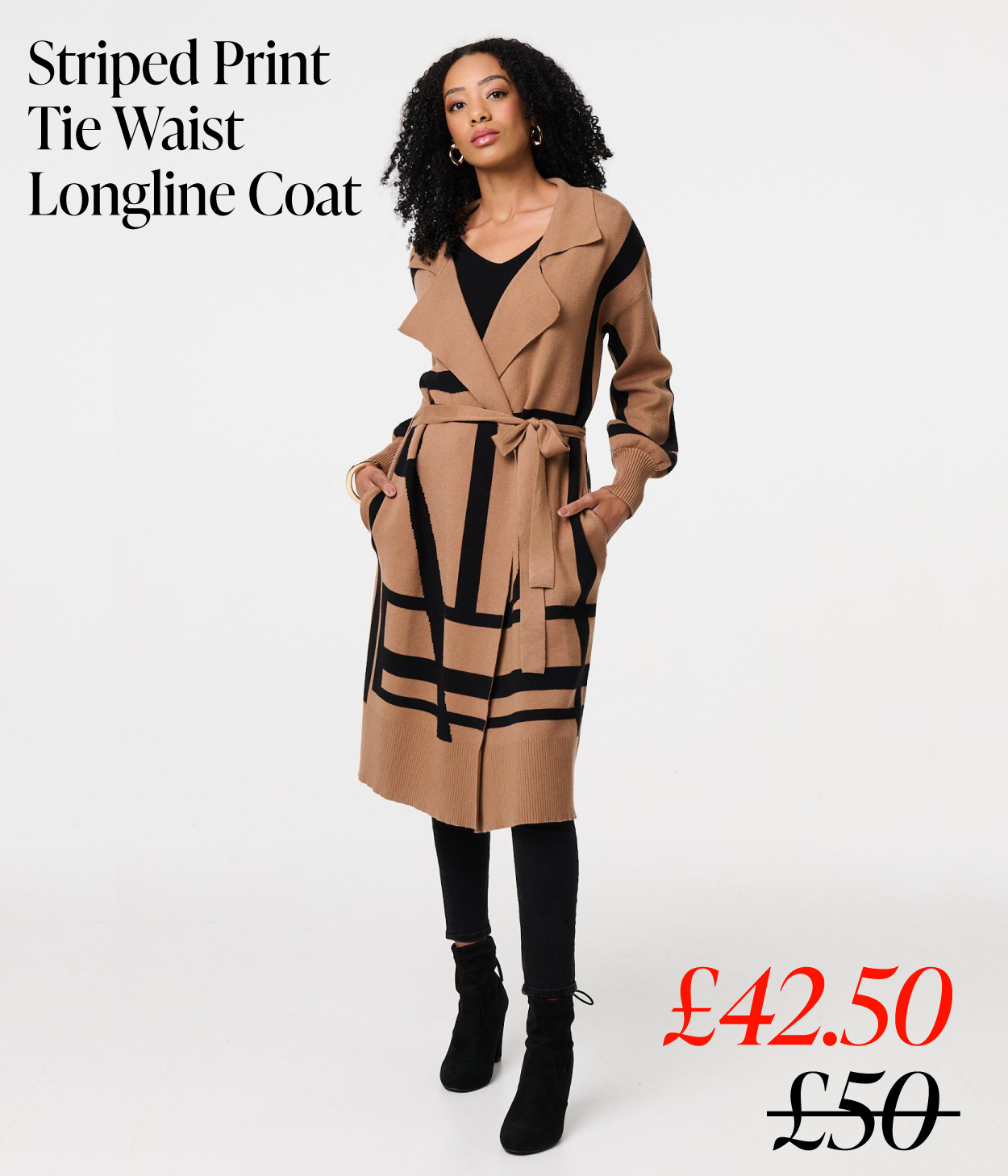 Striped Print Tie Waist Longline Coat | Shop Now