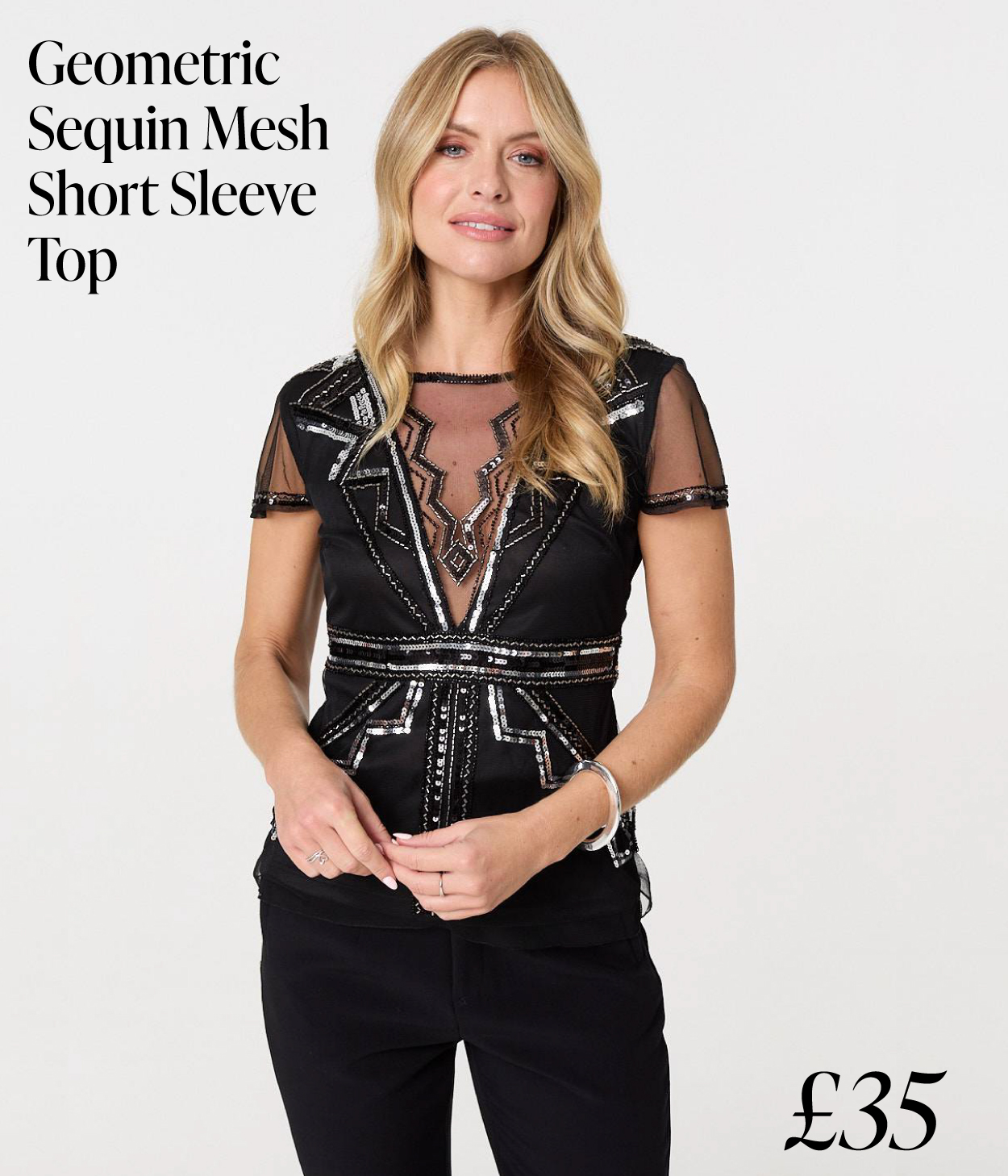 Geometric Sequin Mesh Short Sleeve Top | Shop Now