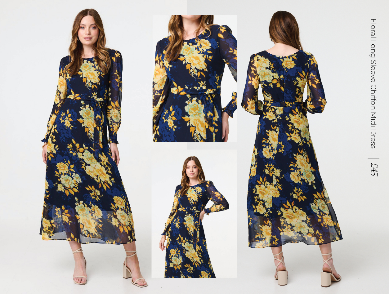  Floral Long Sleeve Chiffon Midi Dress | Shop Now