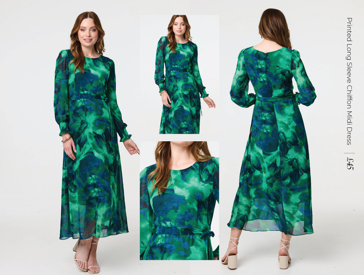 Printed Long Sleeve Chiffon Midi Dress | Shop Now