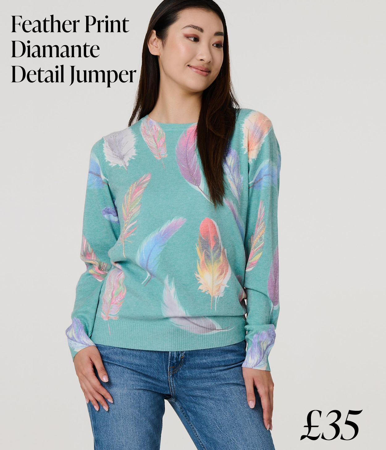 Feather Print Diamante Detail Jumper | Shop Now