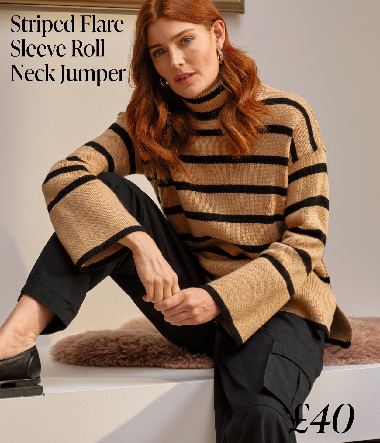 Striped Flare Sleeve Roll Neck Jumper | Shop Now