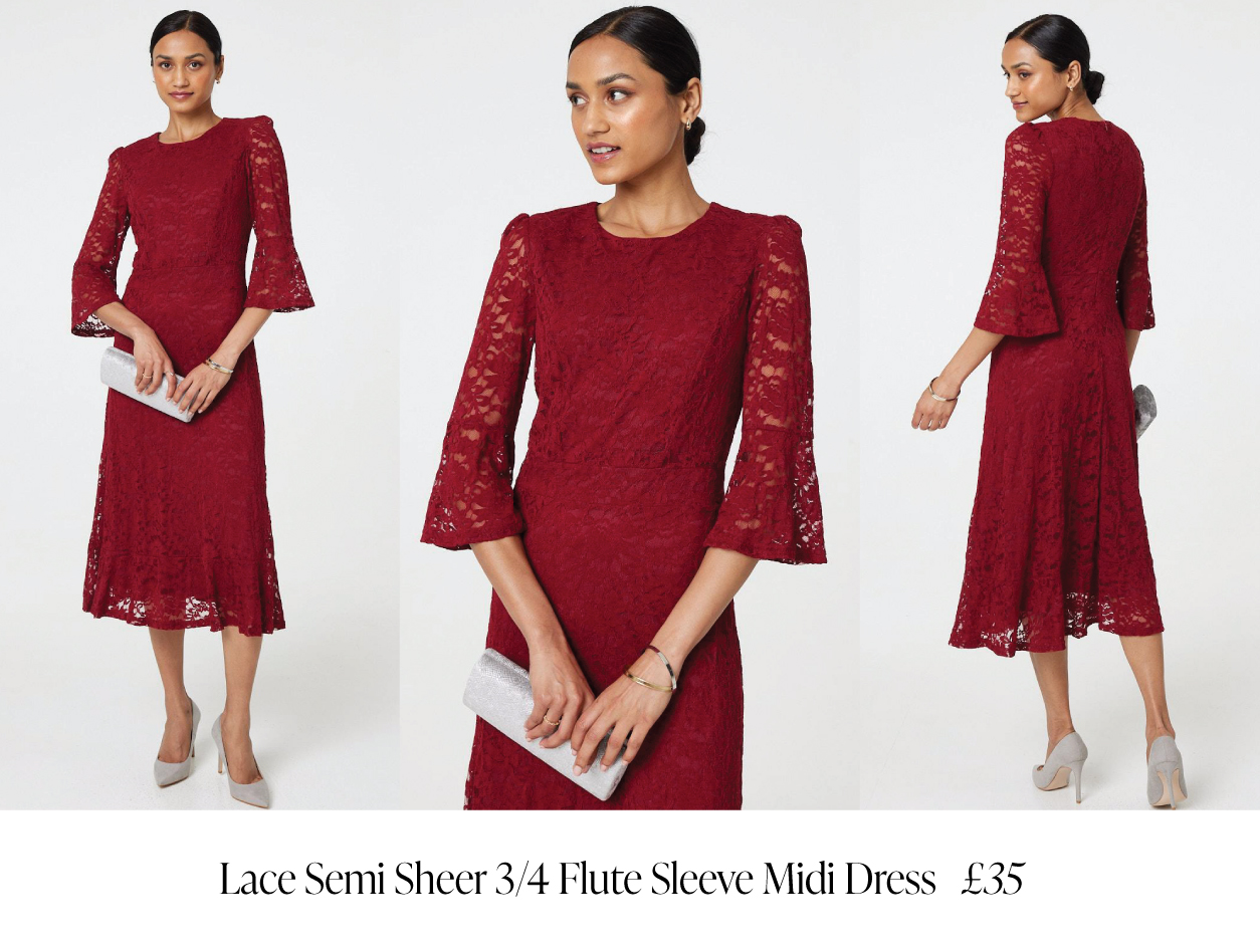 Lace Semi Sheer 3/4 Flute Sleeve Midi Dress | Shop Now