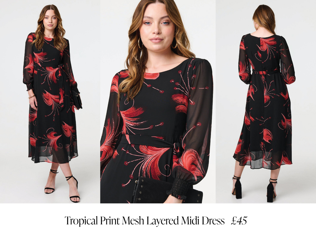 Tropical Print Mesh Layered Midi Dress | Shop Now