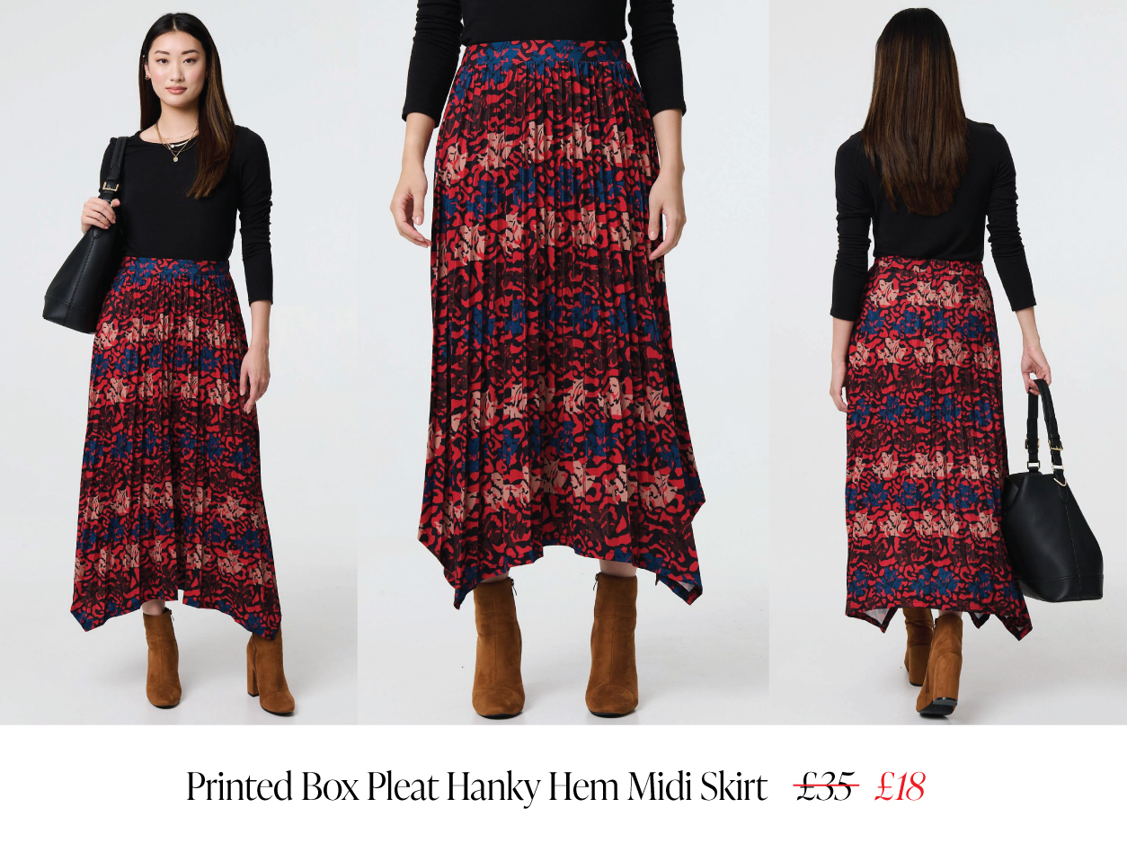 Printed Box Pleat Hanky Hem Midi Skirt | Shop Now