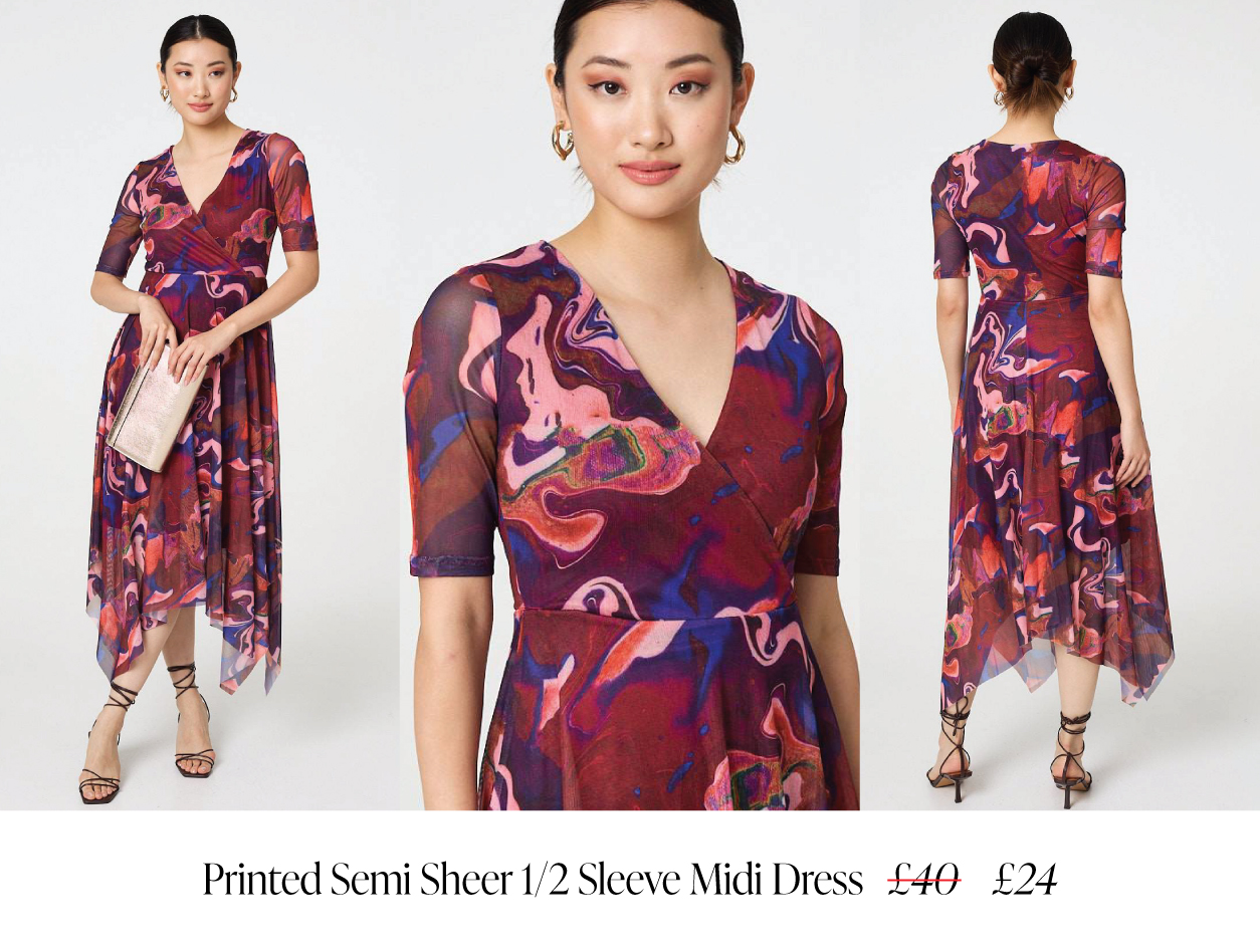 Printed Semi Sheer 1/2 Sleeve Midi Dress | Shop Now