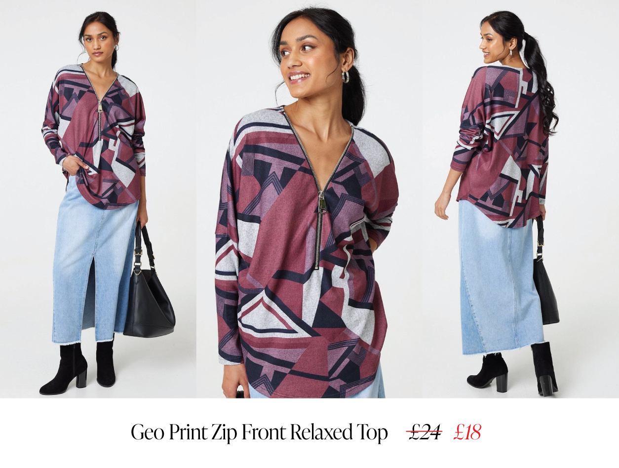 Geo Print Zip Front Relaxed Top | Shop Now