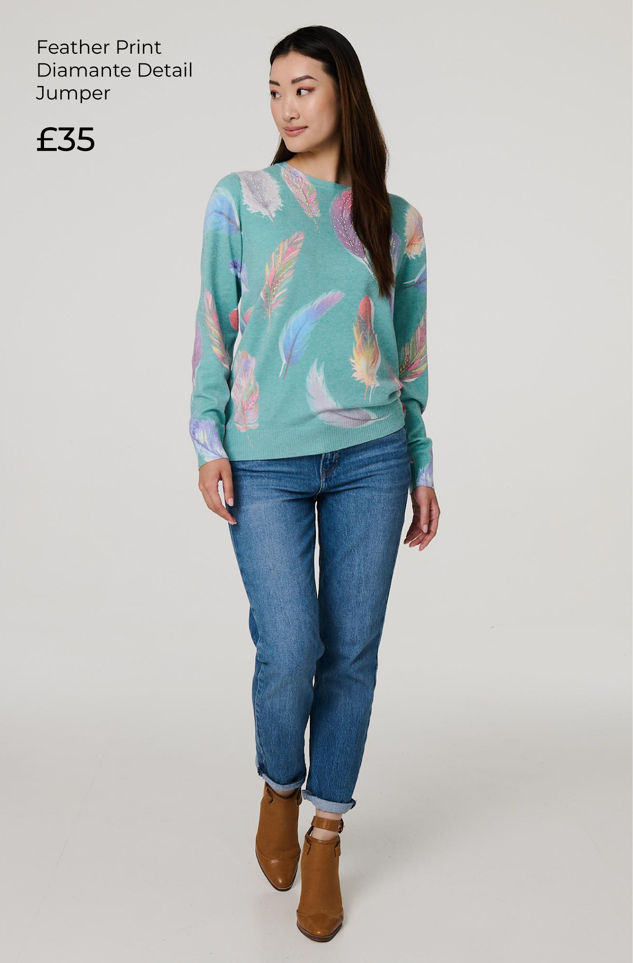 Feather Print Diamante Detail Jumper | Shop Now