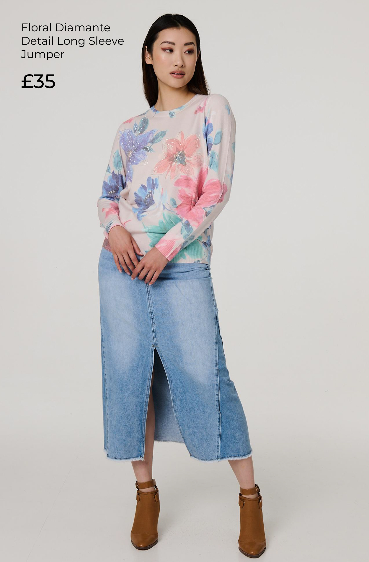 Floral Diamante Detail Long Sleeve Jumper | Shop Now