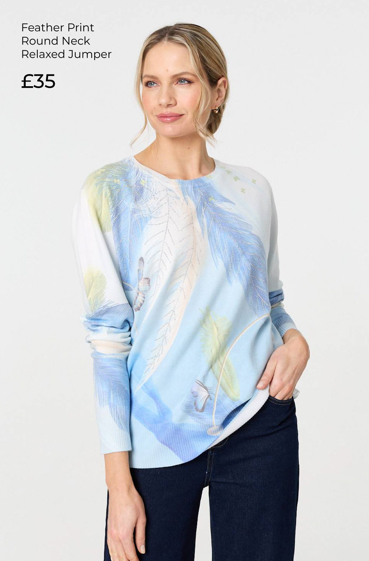 Feather Print Round Neck Relaxed Jumper | Shop Now