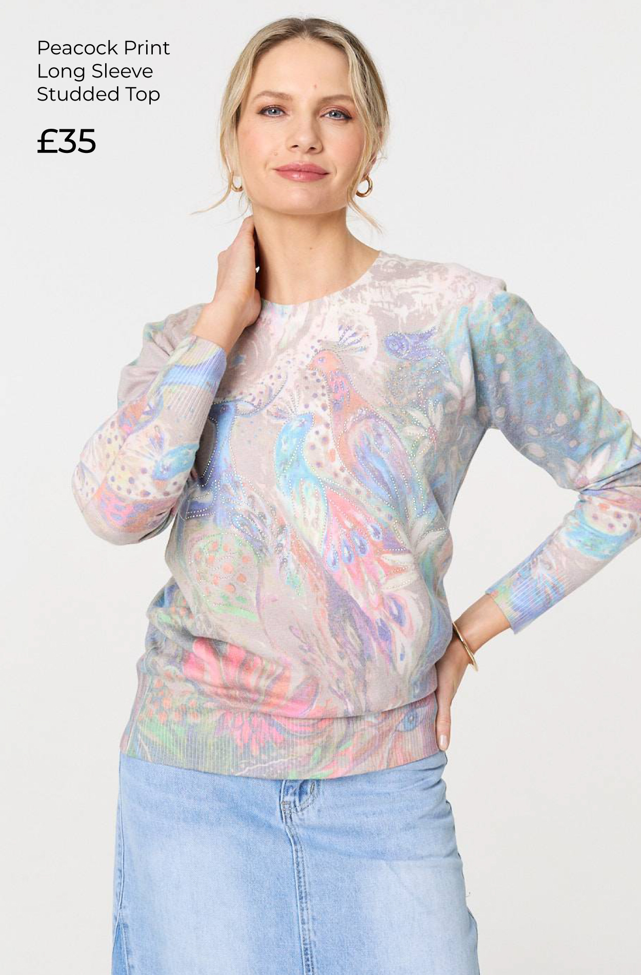 Peacock Print Long Sleeve Studded Top | Shop Now