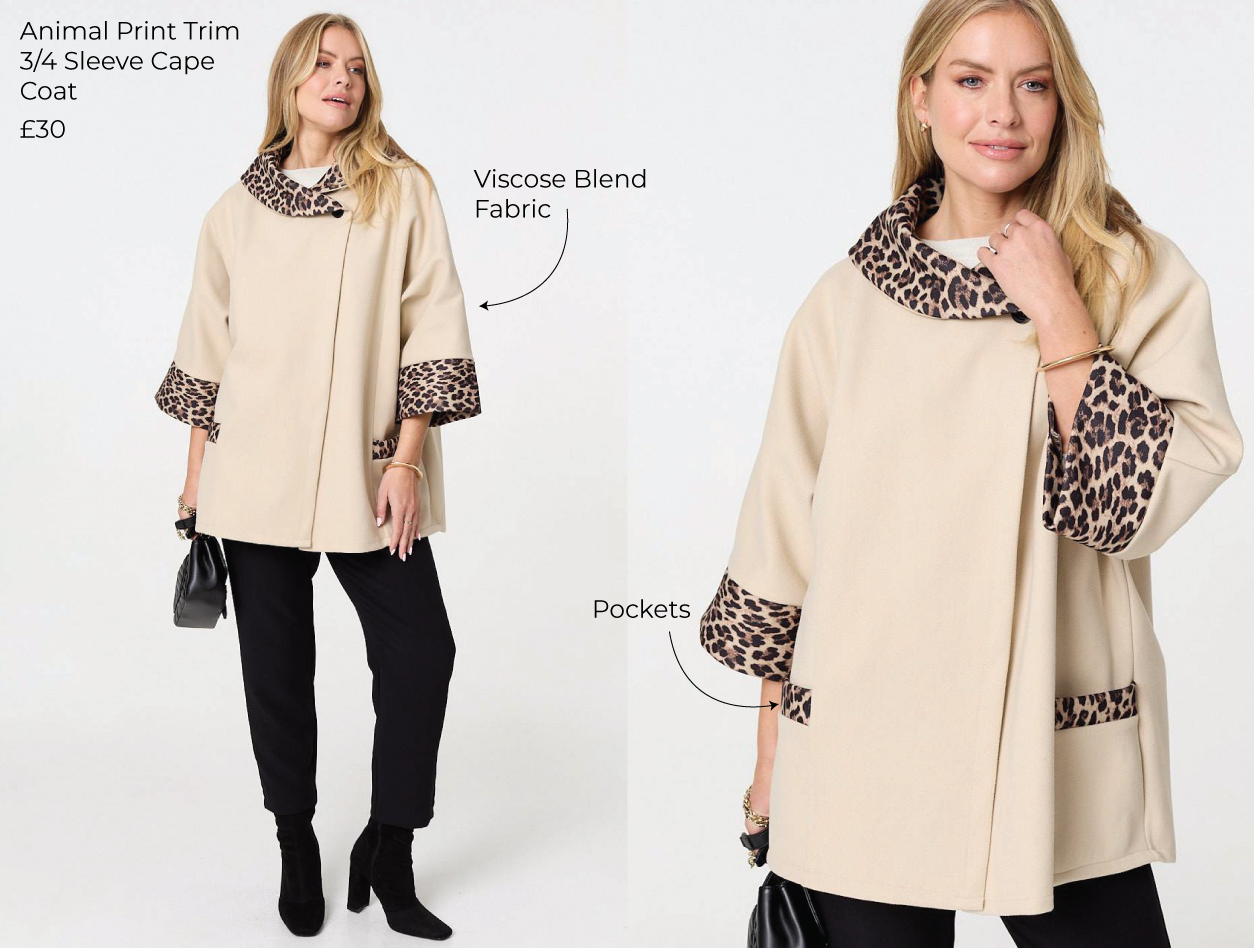 Animal Print Trim 3/4 Sleeve Cape Coat | Shop Now