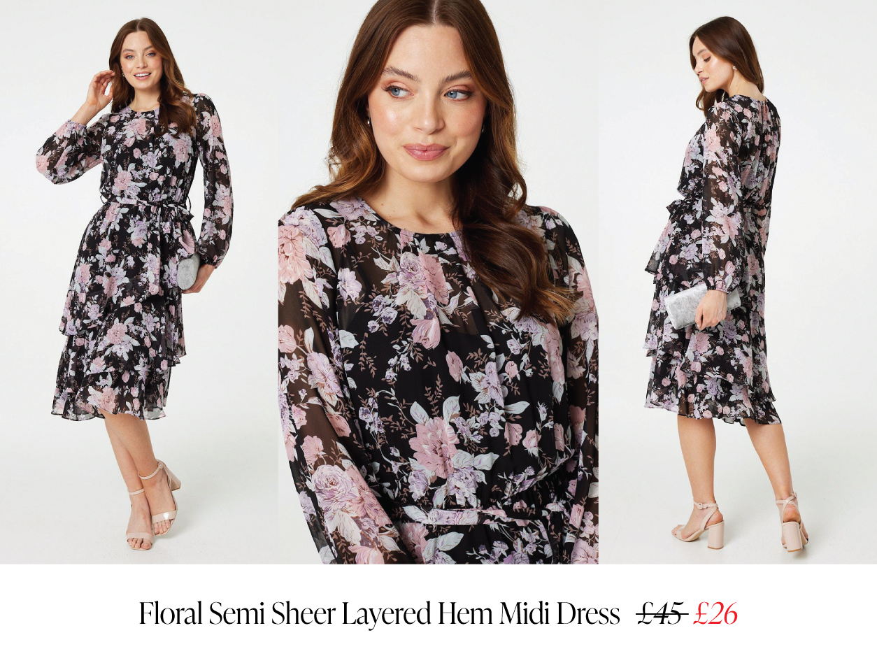 Floral Semi Sheer Layered Hem Midi Dress | Shop Now